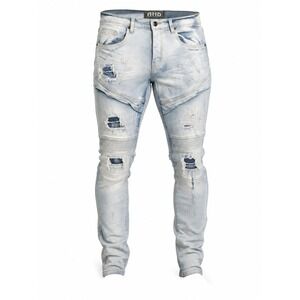 Another Hype Piece Men's Moto Distressed Jeans Size 32 Light Wash Biker Ripped